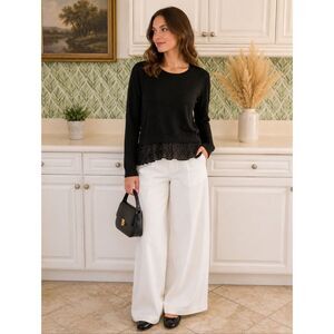 Susina Black Sweater Ruffle polks Dot Hem Detail M Classic Preppy Whimsigoth